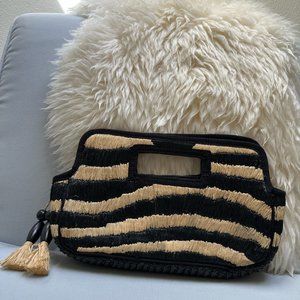 J.Crew Raffia Tan and Black Clutch Purse with tassel and beads